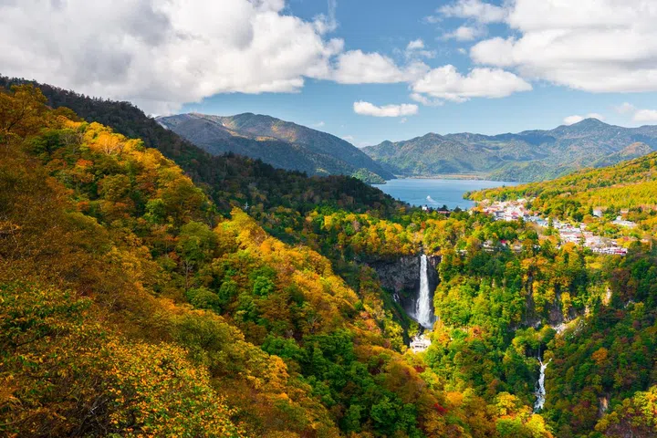 Top view of Nikko Park from observatory area showing the beauty of nature around Kegon Falls and Lake Chuzenji, Nikko, Tochigi, Japan.