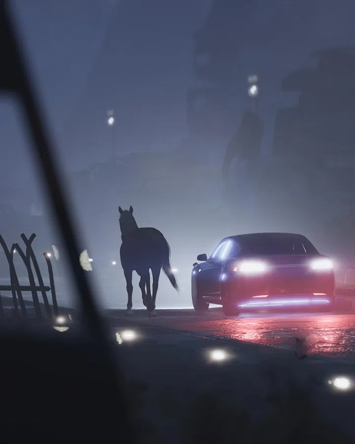 Futuristic car and horse silhouette in the fog, Lawrence Lek’s NOX installation for Singapore Art Week 2026.