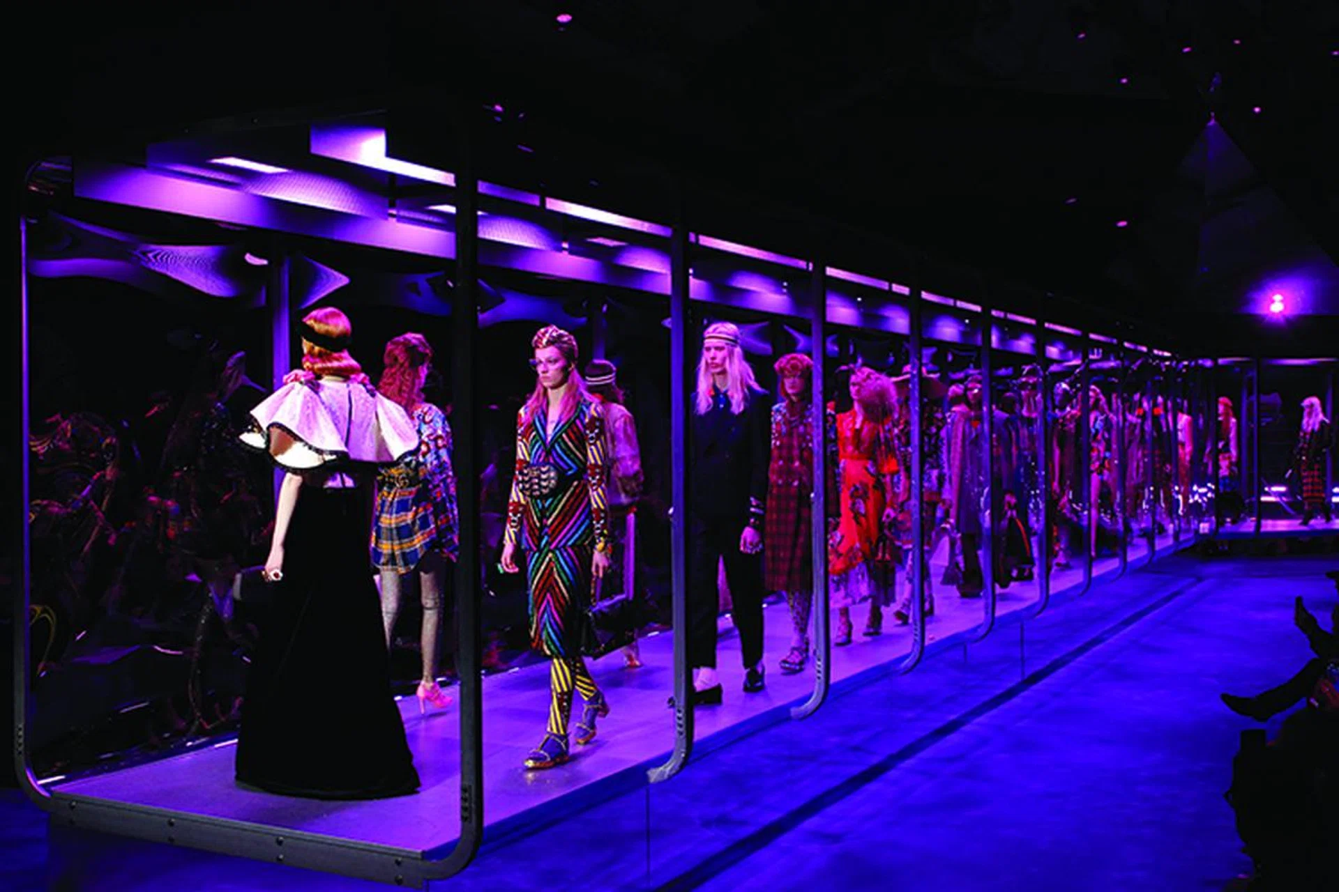 Models at Gucci’s F/W ’17 show walked to the soundtrack of hit sci-fi series The OA, and on a clinical glass chamber-turned-runway.