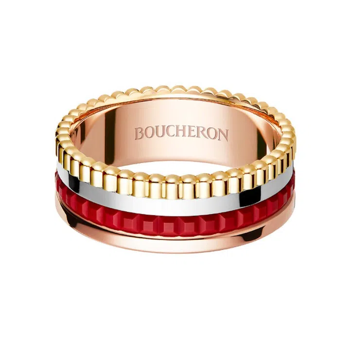 Quatre Red Edition 18K yellow, white and pink gold and red ceramic ring, $6,200, Boucheron