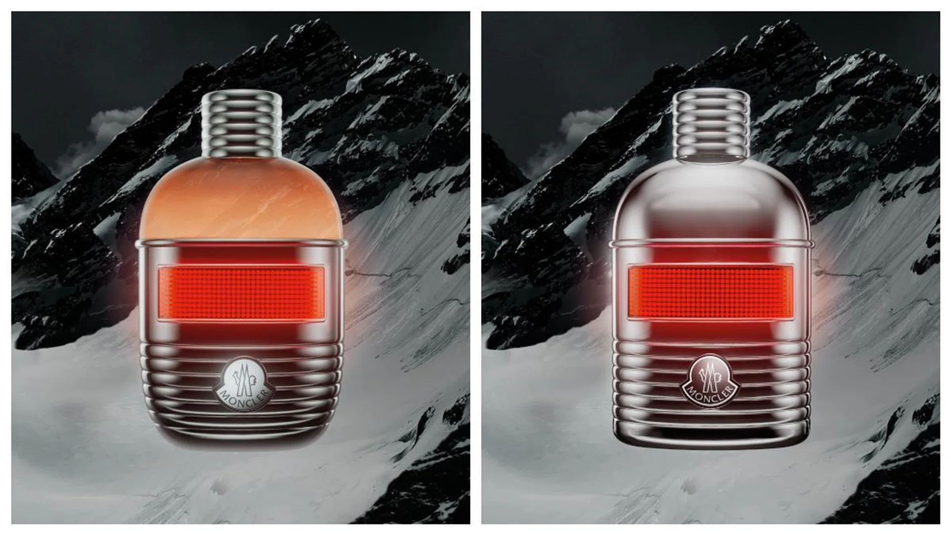 Moncler's first ever perfumes – Moncler Pour Femme (left) and Pour Homme (right) Eau de Parfum – are an innovative ode to the great outdoors. Credit: Moncler