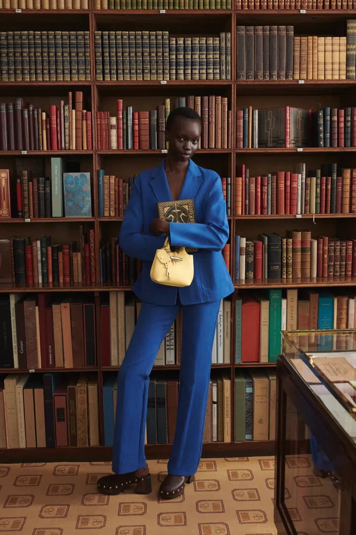 blue office jacket for ladies from longchamp x constantin riant capsule