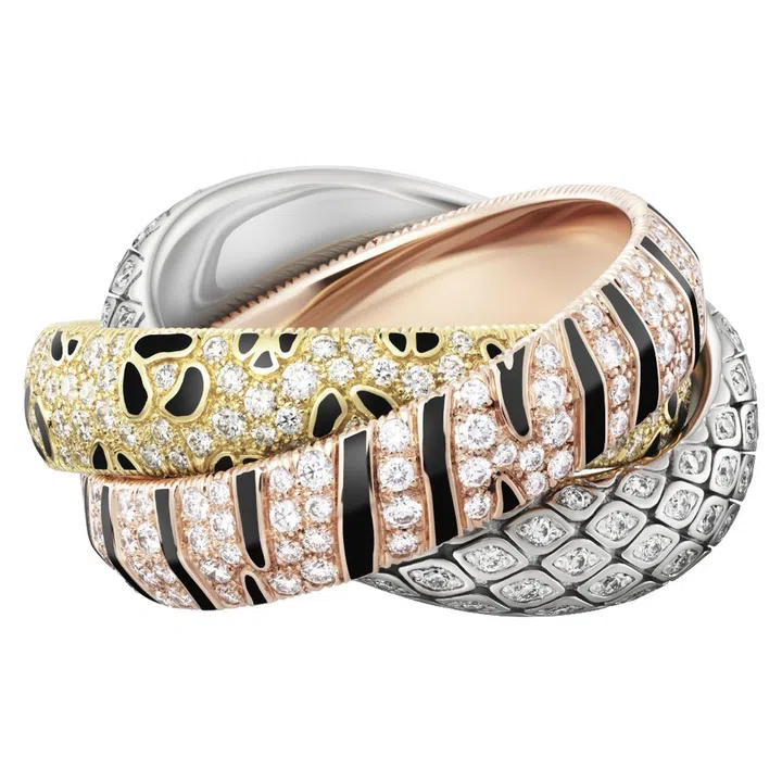 Cartier Trinity 18K white, rose and yellow gold ring with black lacquer and diamonds, $72,200