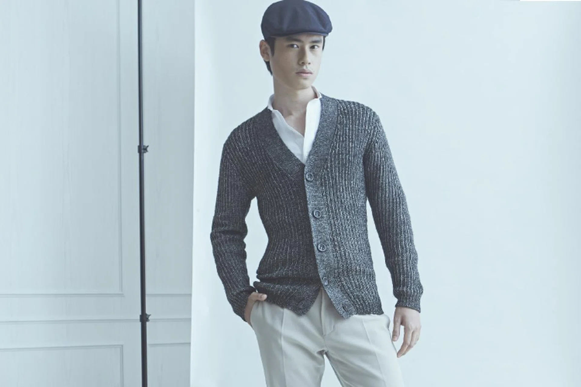 Tailored Originals cardigan, 4x4 Man shirt, Paolo Pecora pants, Ted Baker newsboy cap, and adidas Originals x Pharrell Williams Supershell Superstar sneakers 