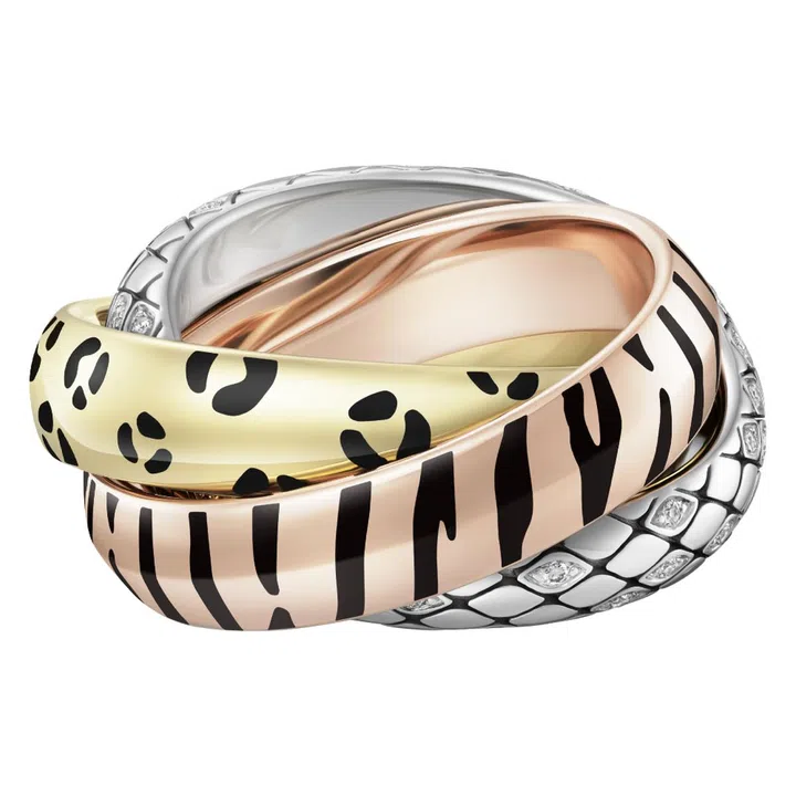Cartier Trinity 18K white, rose and yellow gold ring with black lacquer and diamonds, $23,200