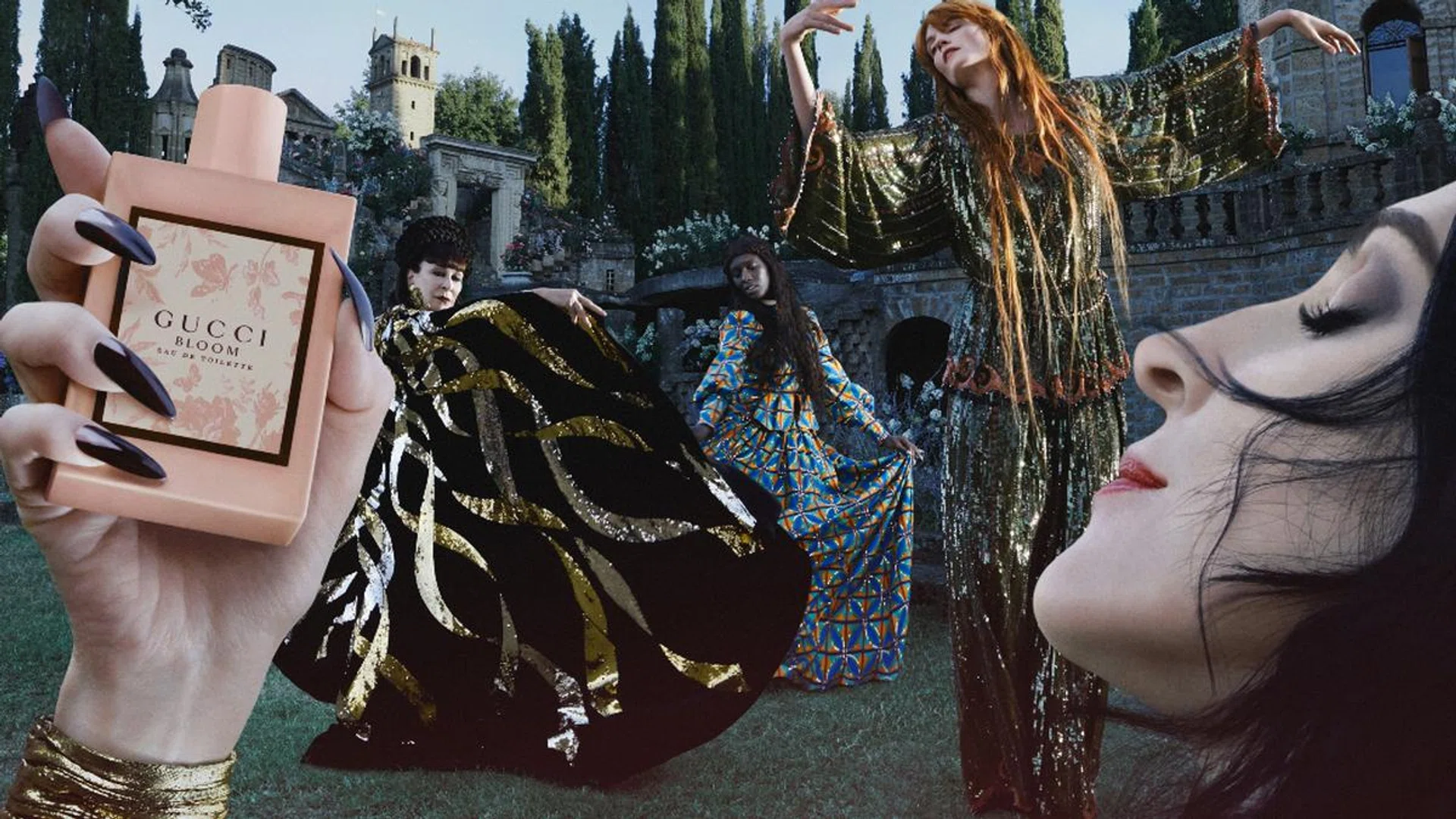 Anjelica Huston, Florence Welch, Jodie Turner-Smith and Susie Cave star in the latest Gucci Bloom Eau de Toilette campaign. Credit: Floria Sigismondi