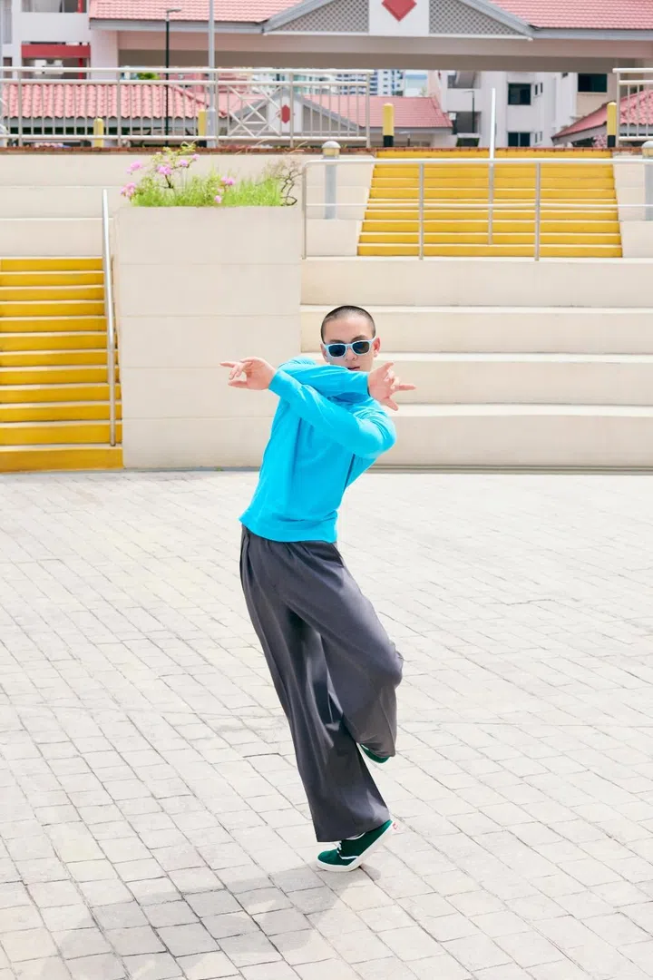  Leo Cheng, an emerging ballet dancer from Singapore, posing in contemporary streetwear for an F ZINE editorial