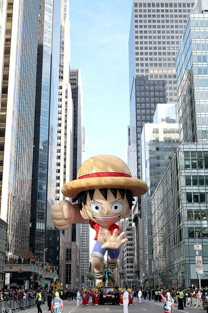 NEW YORK, NEW YORK - NOVEMBER 27: The Monkey D. Luffy balloon floats the route during 2025 Macy's Thanksgiving Day Parade on November 27, 2025 in New York City. (Photo by Michael Loccisano/Getty Images)