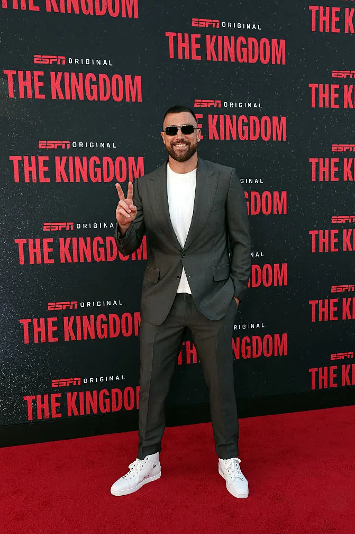 KANSAS CITY, MISSOURI - AUGUST 24: Tight end Travis Kelce #87 of the Kansas City Chiefs poses on the red carpet upon arrival for "The Kingdom" screening hosted by the Kansas City Chiefs at Kauffman Center for the Performing Arts on August 24, 2025 in Kansas City, Missouri. (Photo by Jamie Squire/Getty Images)