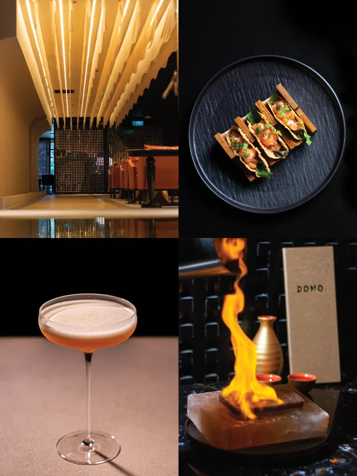 Domo restaurant at Fairmont Singapore showing glamorous expansive interiors and signature A5 Wagyu striploin, taco salmon sashimi and crispy halibut with yuzu truffle sauce and ikurare