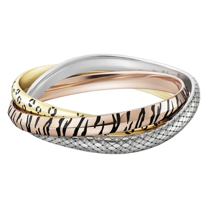 Cartier Trinity 18K white, rose and yellow gold bracelet with black lacquer and diamonds, $90,000