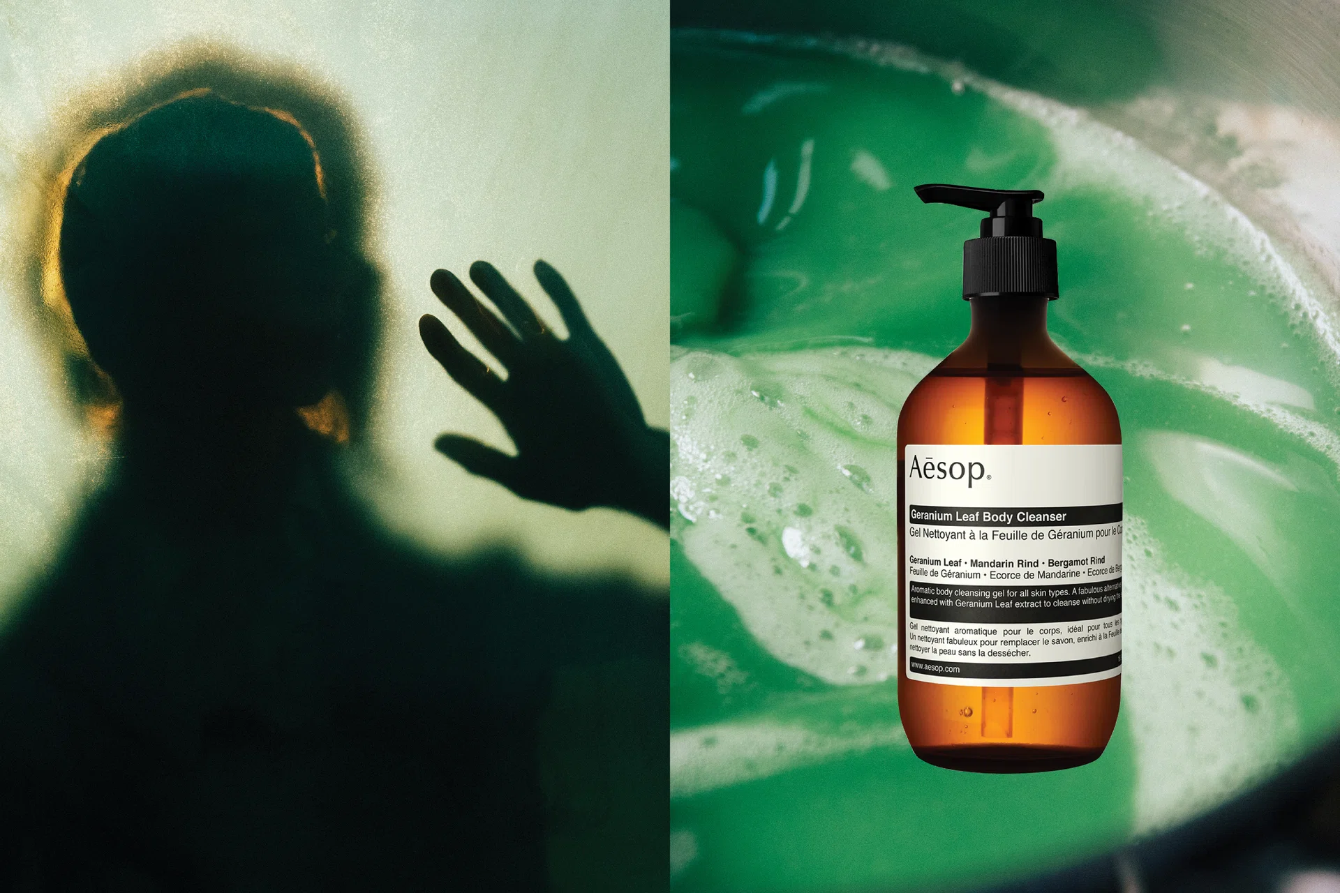 Aesop Geranium Leaf Body Cleanser displayed alongside abstract algae-based bioplastic forms by OTHER MATTER, highlighting the Singapore collaboration with Jessie French.