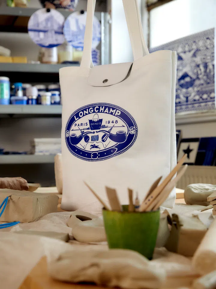 longchamp tote bag in cotton canvas with constantin riant illustration, limited edition tote