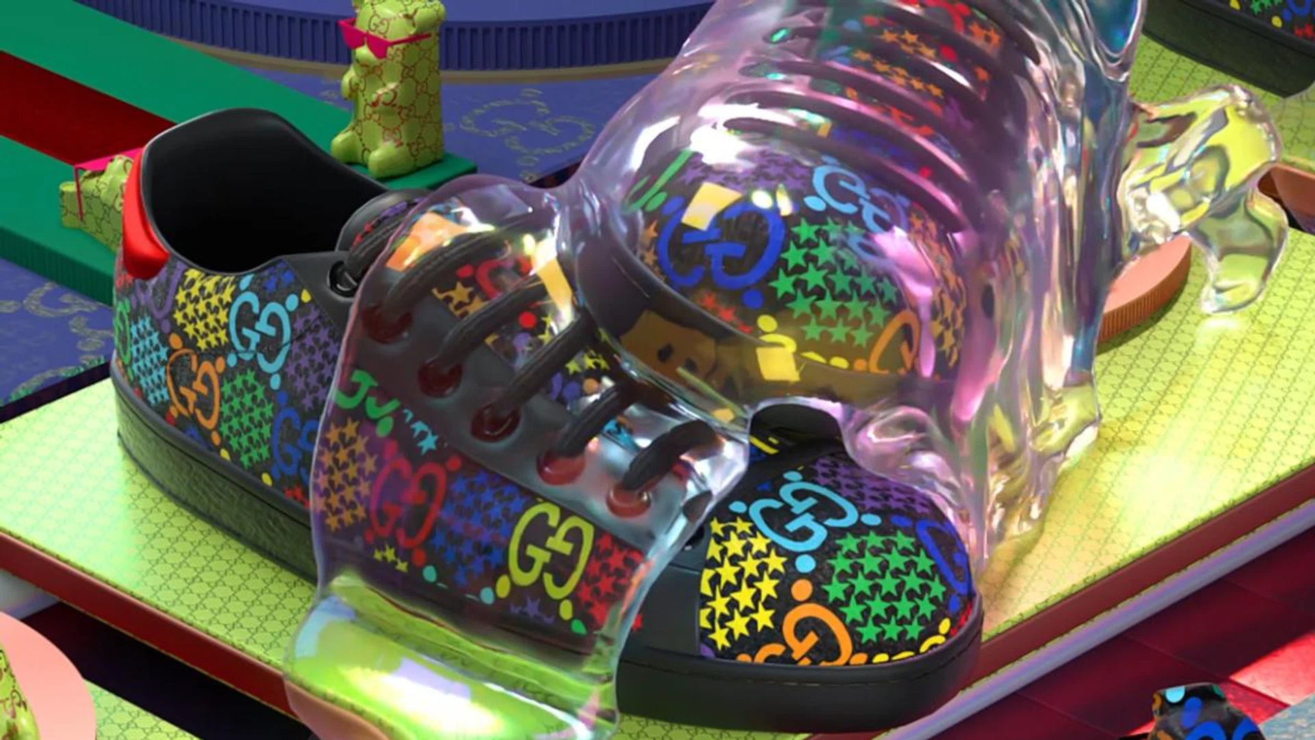 Digital artist Oh Jia Hao, a.k.a. Lioncolony, put his high-gloss psychedelic spin on sneakers from Gucci's Psychedelic collection. Credit: Oh Jia Hao