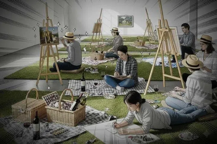 Artists in the middle of painting at Instinc gallery for Singapore Art week 2026.
