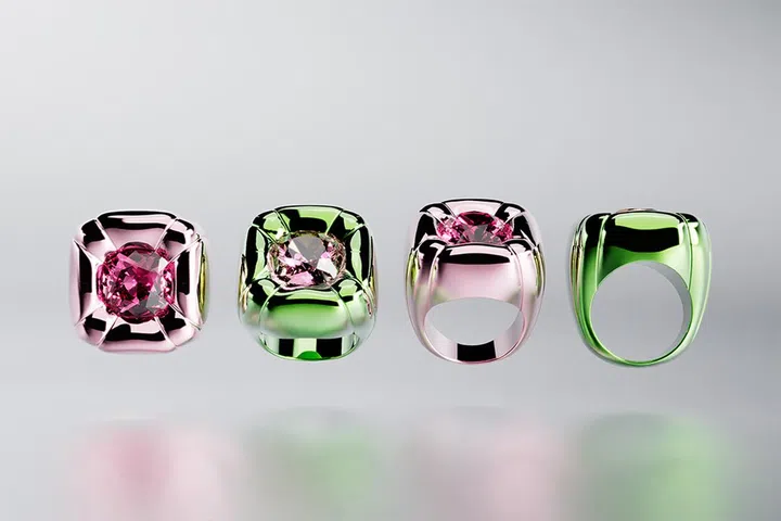 Dulcis rings from Collection 01, their inventive cushioned form inspired by modern art.