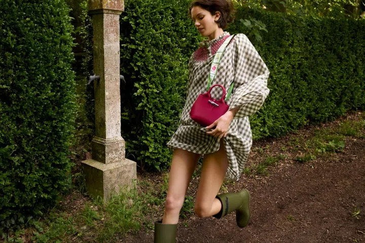 longchamp gingham vichy dress in green with smocked collar and delicate embroidery at the neckline, summer 2025 collection