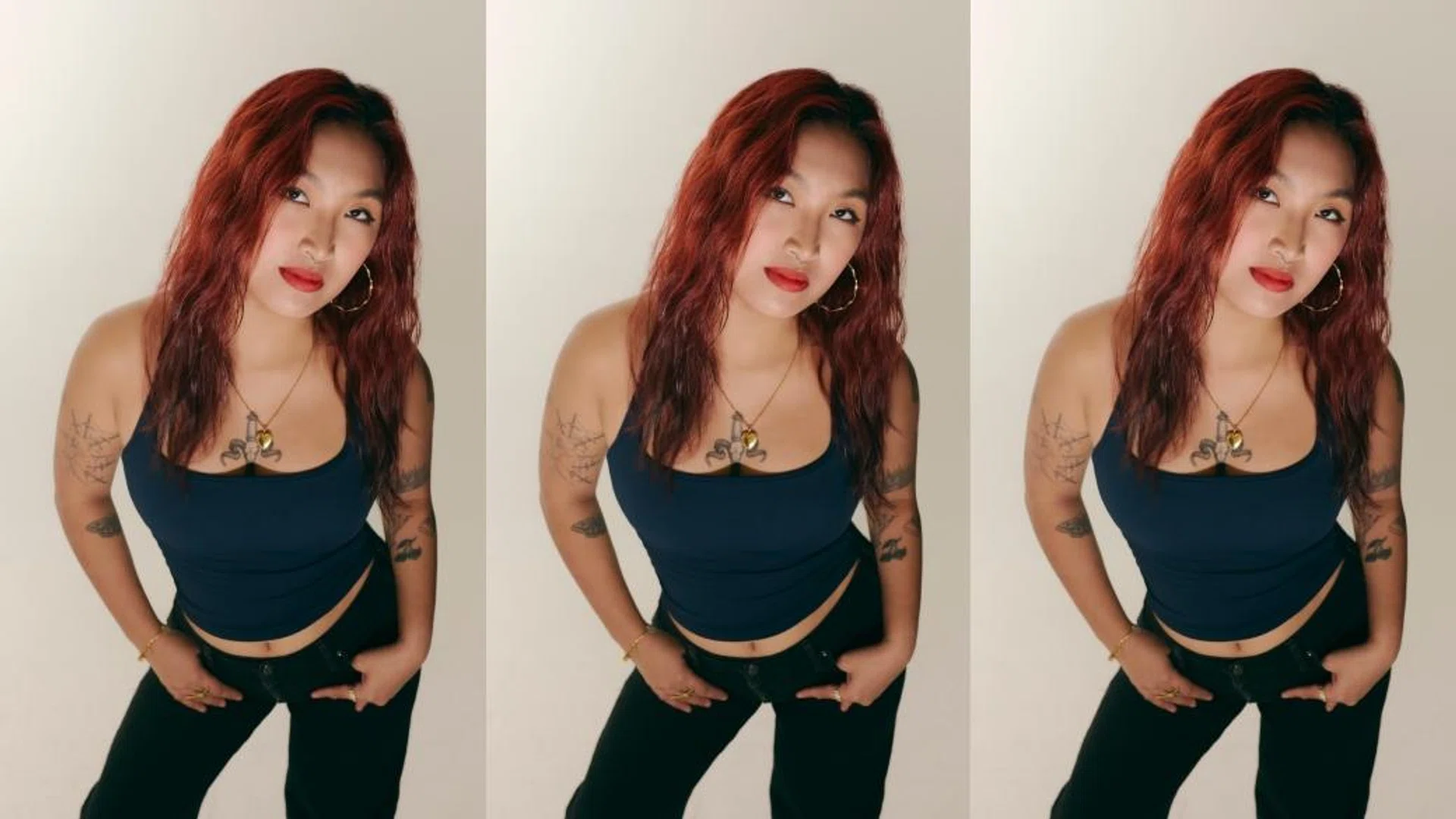 Bartender Erika Danielle for F ZINE Singapore, studio portrait with red hair and tattoos.