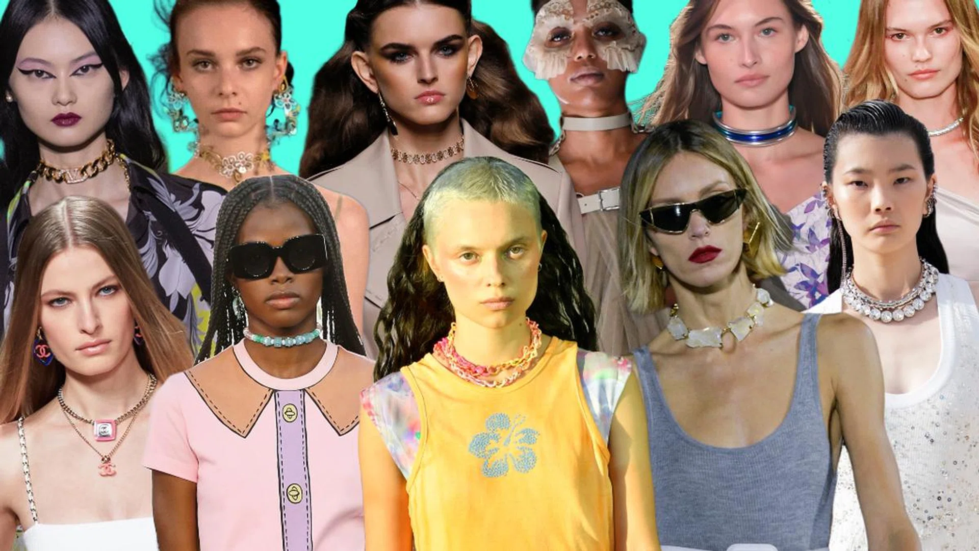 Chokers as seen at the Spring/Summer 2022 runways of (clockwise from top left) Valentino, Y/Project, Fendi, Noir Kei Nimoya, Isabel Marant, Ludovic de Saint Sernin, Alexander McQueen, Saint Laurent, Collina Strada, Coach and Chanel. Credit: Courtesy of brands & Showbit