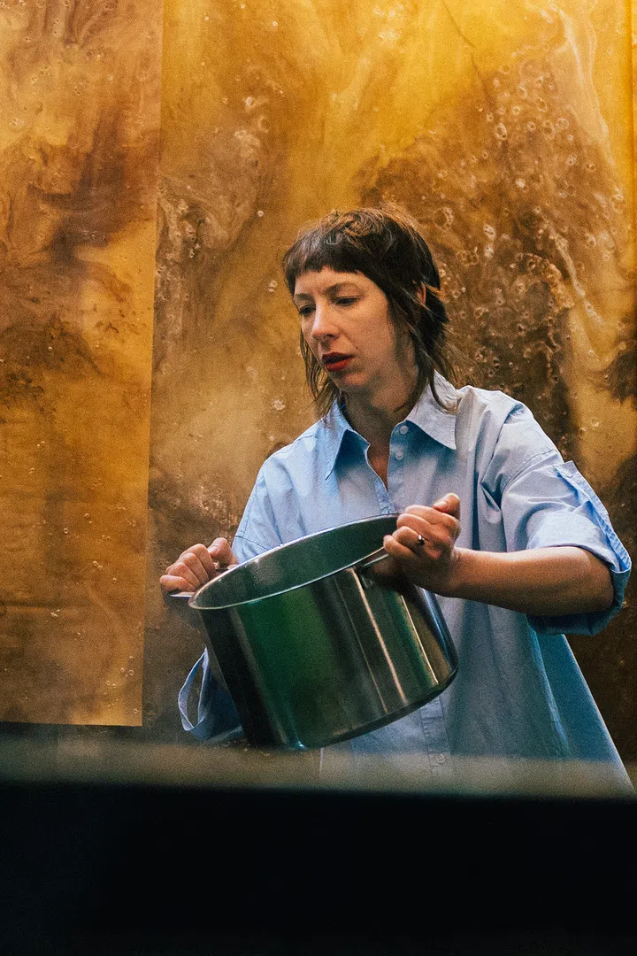 Jessie French, artist and designer at OTHER MATTER, working on algae-based bioplastic installations that will be showcased at the Aesop Geranium Leaf collaboration in Singapore.