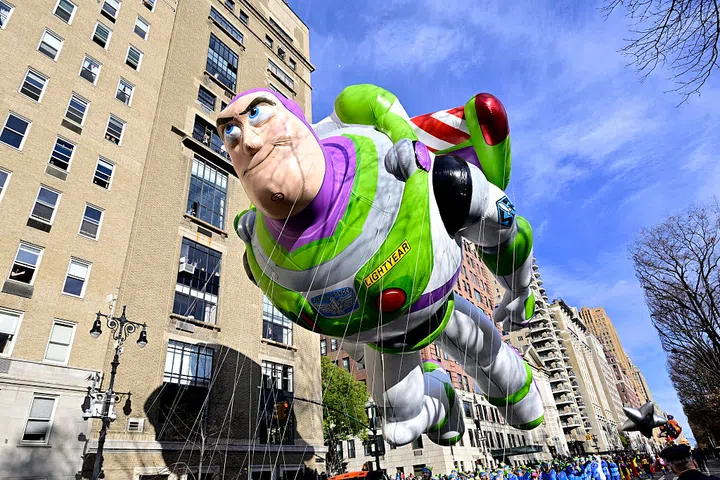 NEW YORK, NEW YORK - NOVEMBER 27:  Buzz Lightyear by Pixar Animation Studios participates in the 99th Macy's Thanksgiving Day Parade on November 27, 2025 in New York City. (Photo by Eugene Gologursky/Getty Images for Macy's, Inc.)