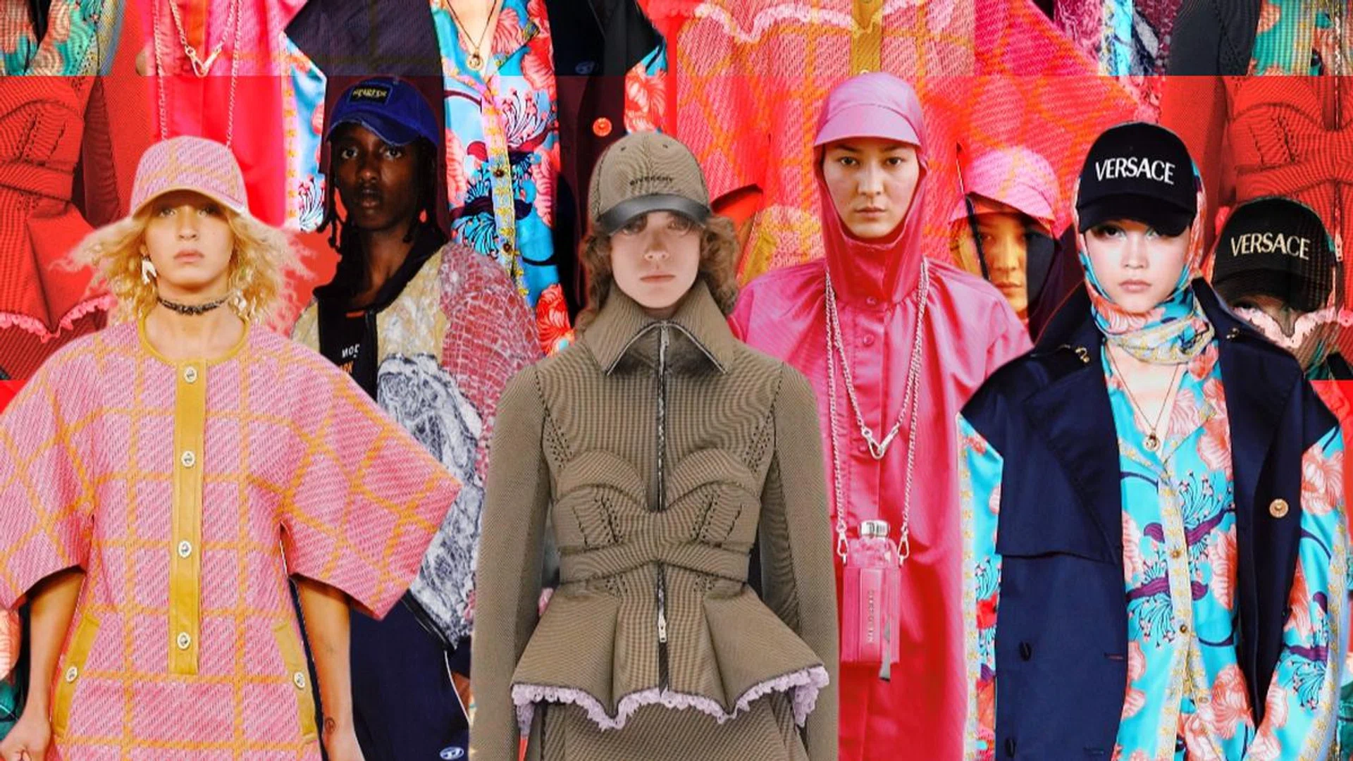 Comeback caps. From left: Coach, Diesel, Burberry, Marine Serre and Versace. Credit:  Showbit