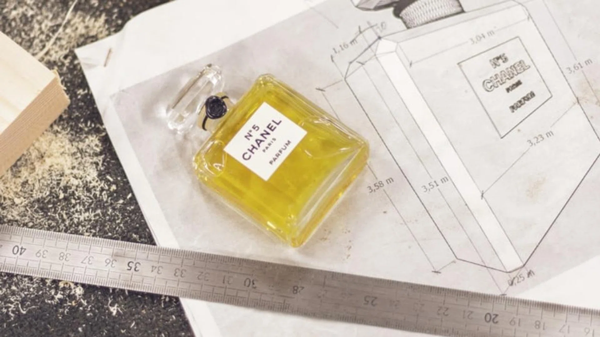 Laying out the blue print for Chanel's Le Grand Numero de Chanel exhibition in Paris. Credit: Chanel