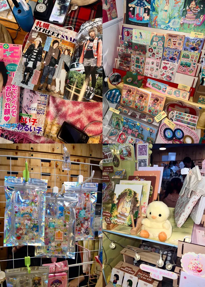Collage of vendors at Konbini, Singapore’s Harajuku-inspired J-fashion pop-up, featuring zines, stickers, handmade accessories, and collectible toys on display