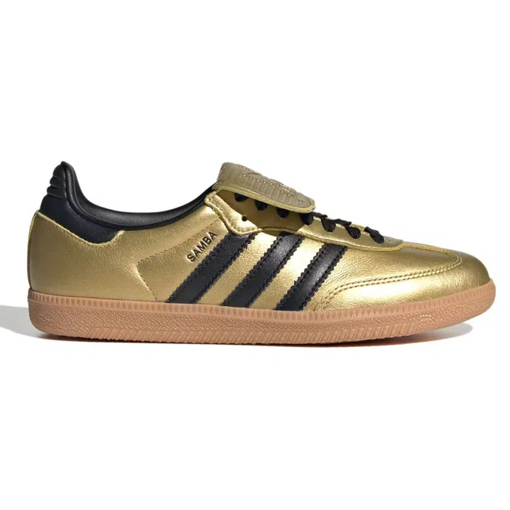 Adidas Originals Samba Long Tongue 'Gold Metallic Black Gum' leather sneakers, $189, Limited Edt