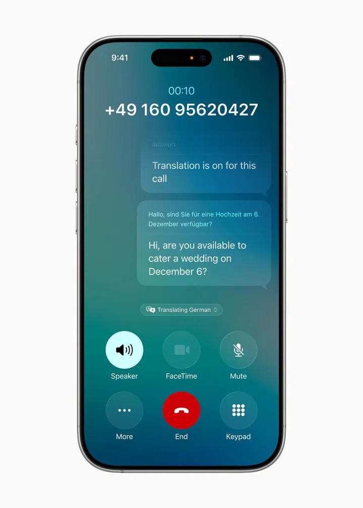 Live Translation in calls. Image: Apple.