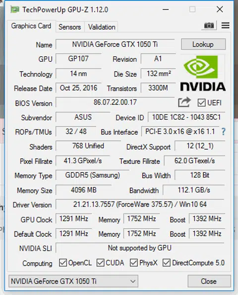 NVIDIA GeForce GTX 1050 Ti GPU-Z