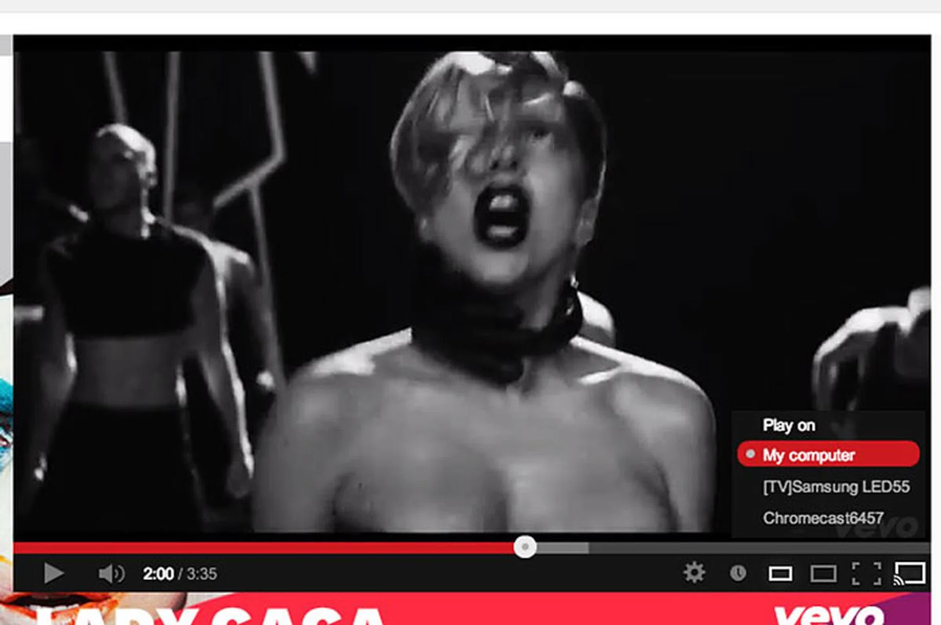 On Cast-optimized sites like YouTube, you will find a Cast button on the video player (bottom right hand corner).