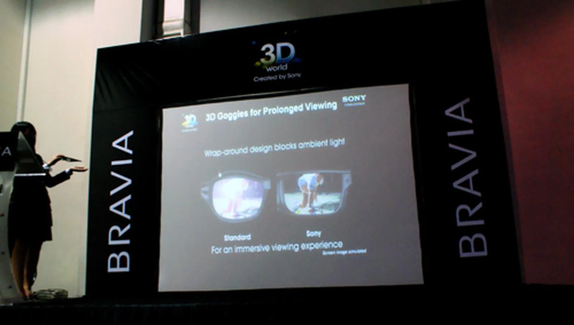 As an added pitch, Sony's "wraparound" glasses not only blocks out most ambient lights, but is supposedly flicker-free as compared to their competitors' 3D franchise.