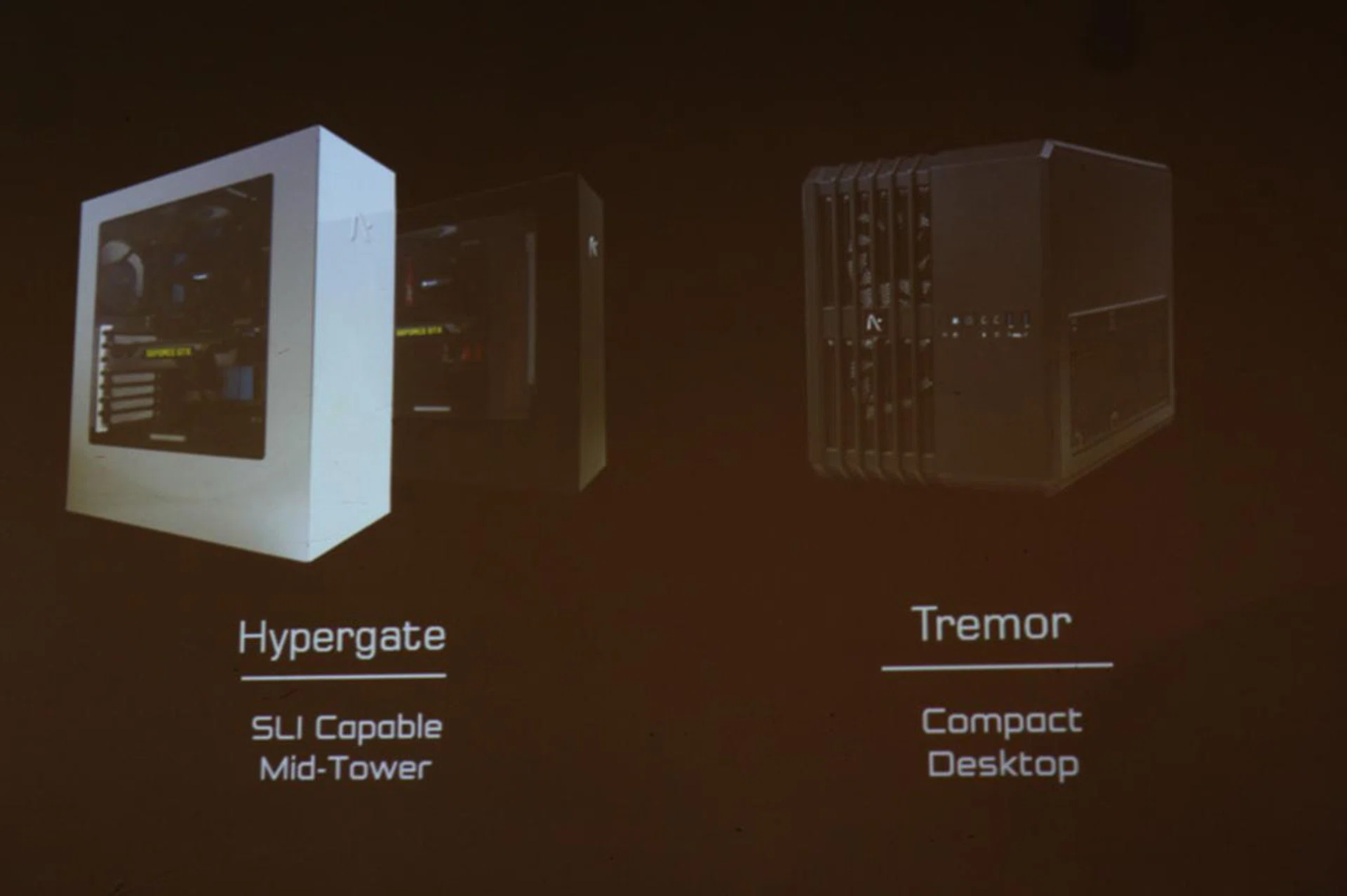 Aftershock's desktop offerings are the Hypergate and the Tremor. The Tremor has a slightly bigger chassis now to fit the liquid cooling option that Aftershock now offers.