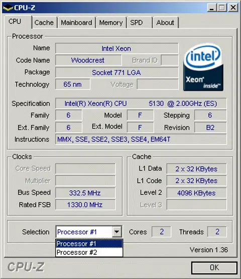 Here's the main CPU-Z screenshot for the Xeon 5130 platform. We had this system much earlier thus we only had the older version of this tool to get this shot. Full load clock speed is 2.0GHz per core.