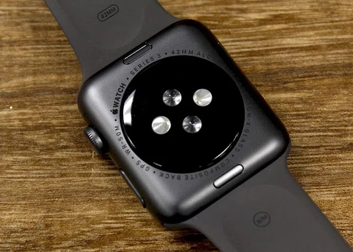 The heart rate sensor with photodiodes, infrared and visible-light LEDs on the back of the Apple Watch.