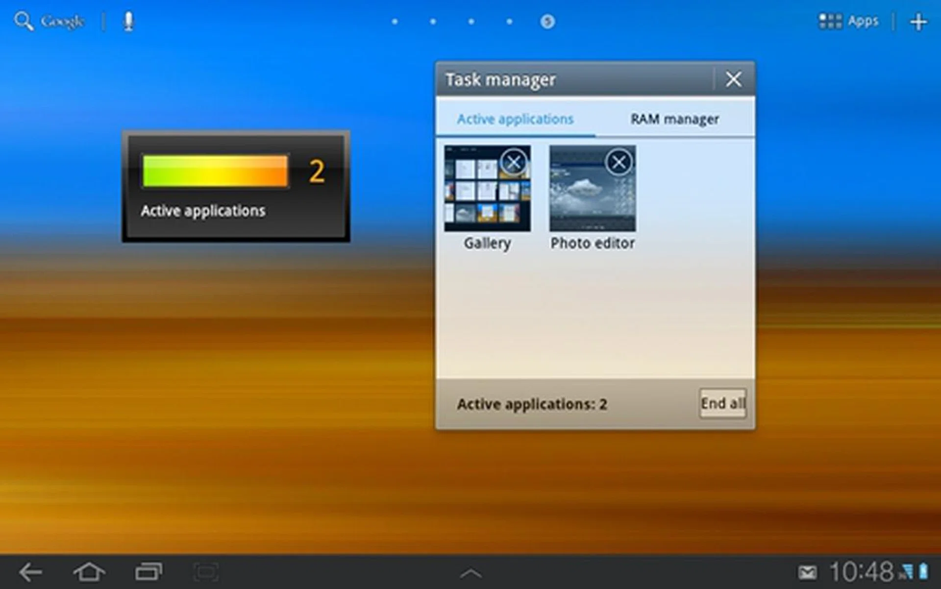 Shown here is the Program Monitor widget (left) and the Task Manager app (right). Though they are named differently, they perform the same function of closing apps and freeing up RAM on the Samsung Galaxy Tab 10.1.