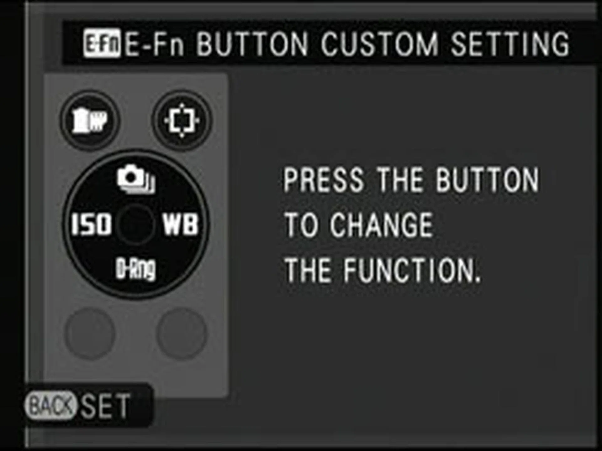 You can assign various functions such as ISO, white balance, image quality to the four buttons around the control ring as well as the playback and movie button. Pressing the E-Fn button lets you access these functions temporarily.