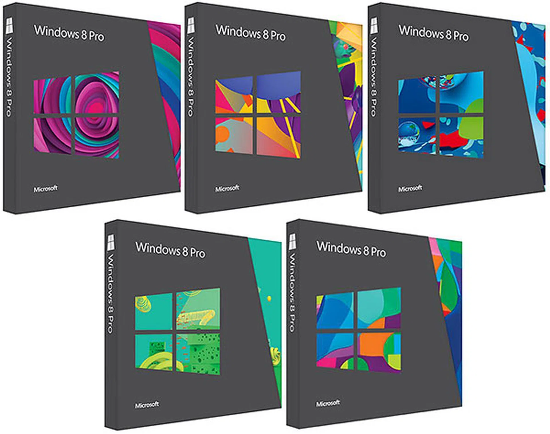 Windows 8 Pro retail boxes will feature five different illustrations. (Image source: Microsoft.)