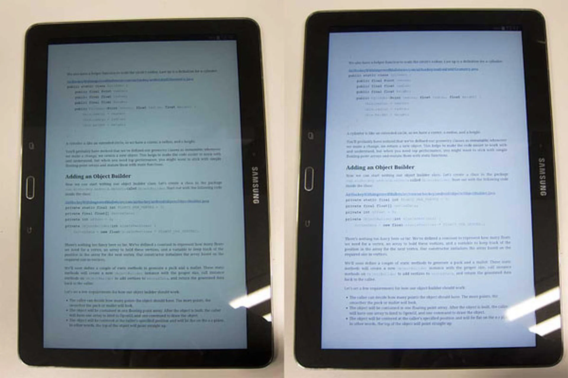 Left is reading mode on, right is without. Note that in reading mode, the white is slightly duller and softer