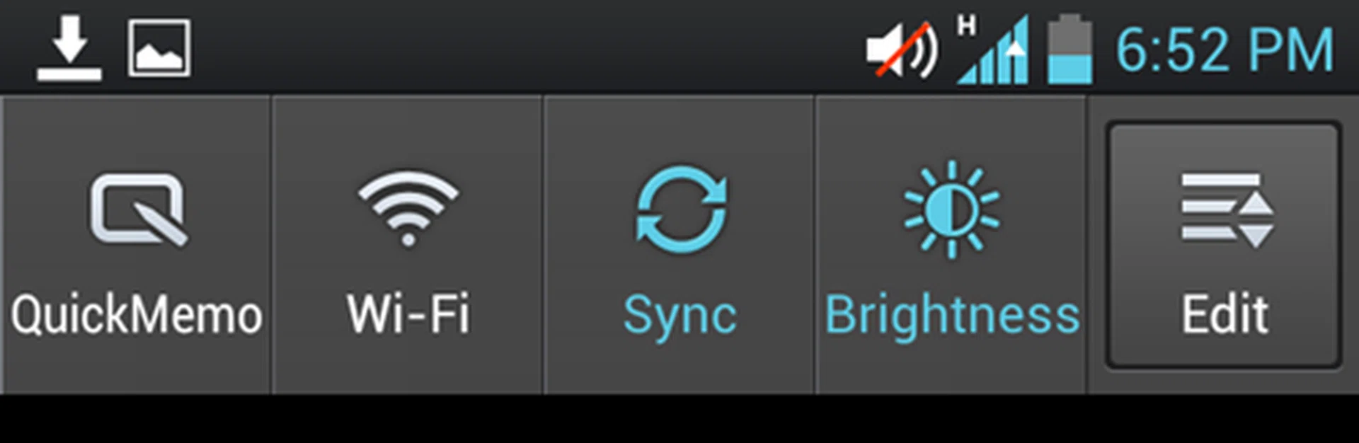 Once you've unlocked the phone for usage, the pull-down quick settings bar on top allows one to add and access/enable/disable shortcuts to functions that are most relevant to you. Seen here are the QuickMemo, Wi-Fi, Sync and Brightness functions. Click on Edit to change them.
