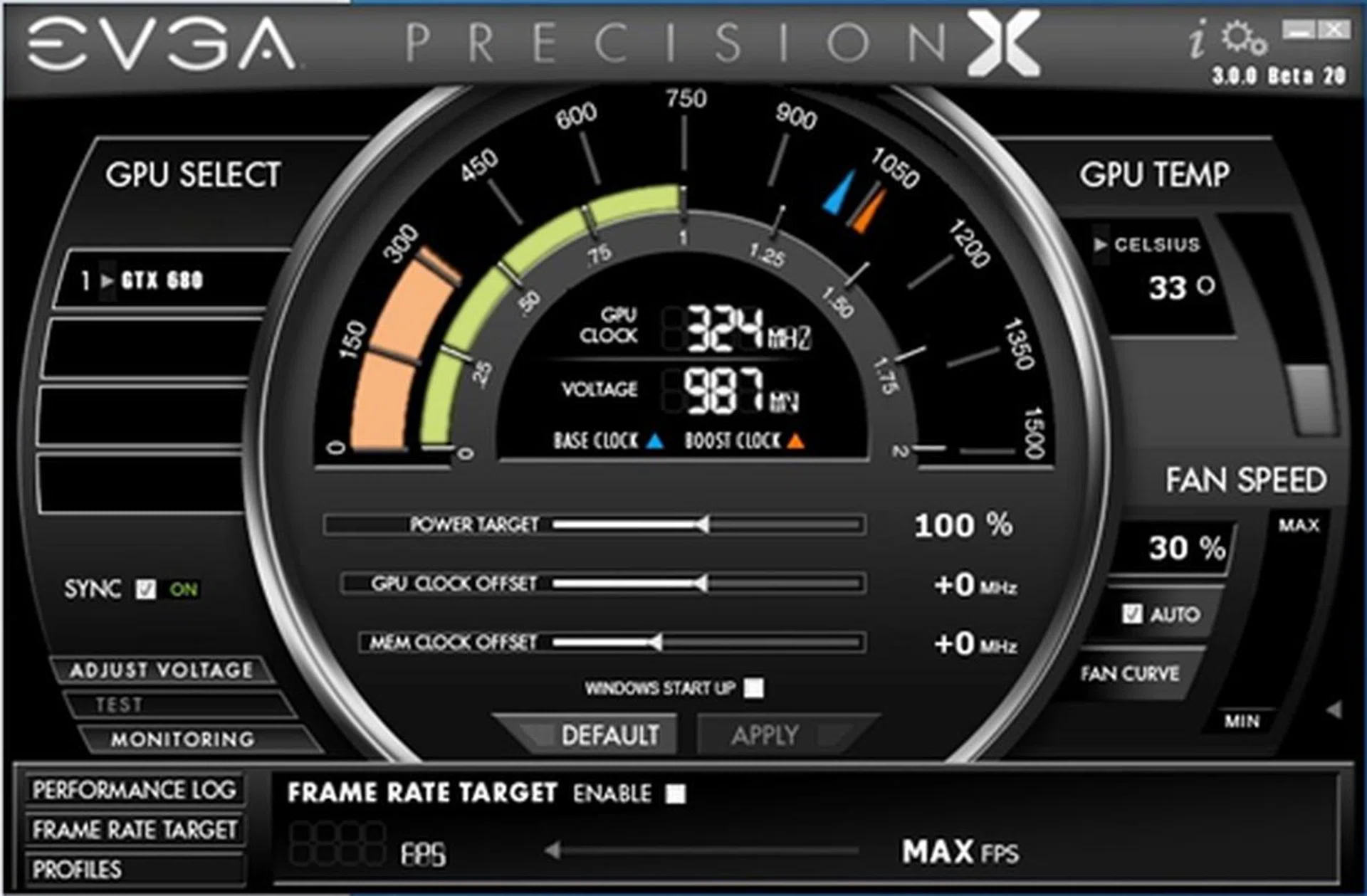 The slick and polished interface of EVGA PrecisionX utility software. The sliding bars adjust the Power Target, GPU Offset Clock and Memory Overclock Offset. We shall look at the settings shortly. In summary, this nifty piece of software provides information about the card at a glance and allows power users to tweak hardware settings of the card with relative ease.