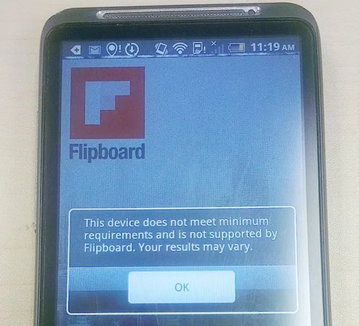 A notification message appears whenever you attempt to install the official beta app on Android 2.3 devices. Seen here is the HTC Desire HD running on Android 2.3.3.