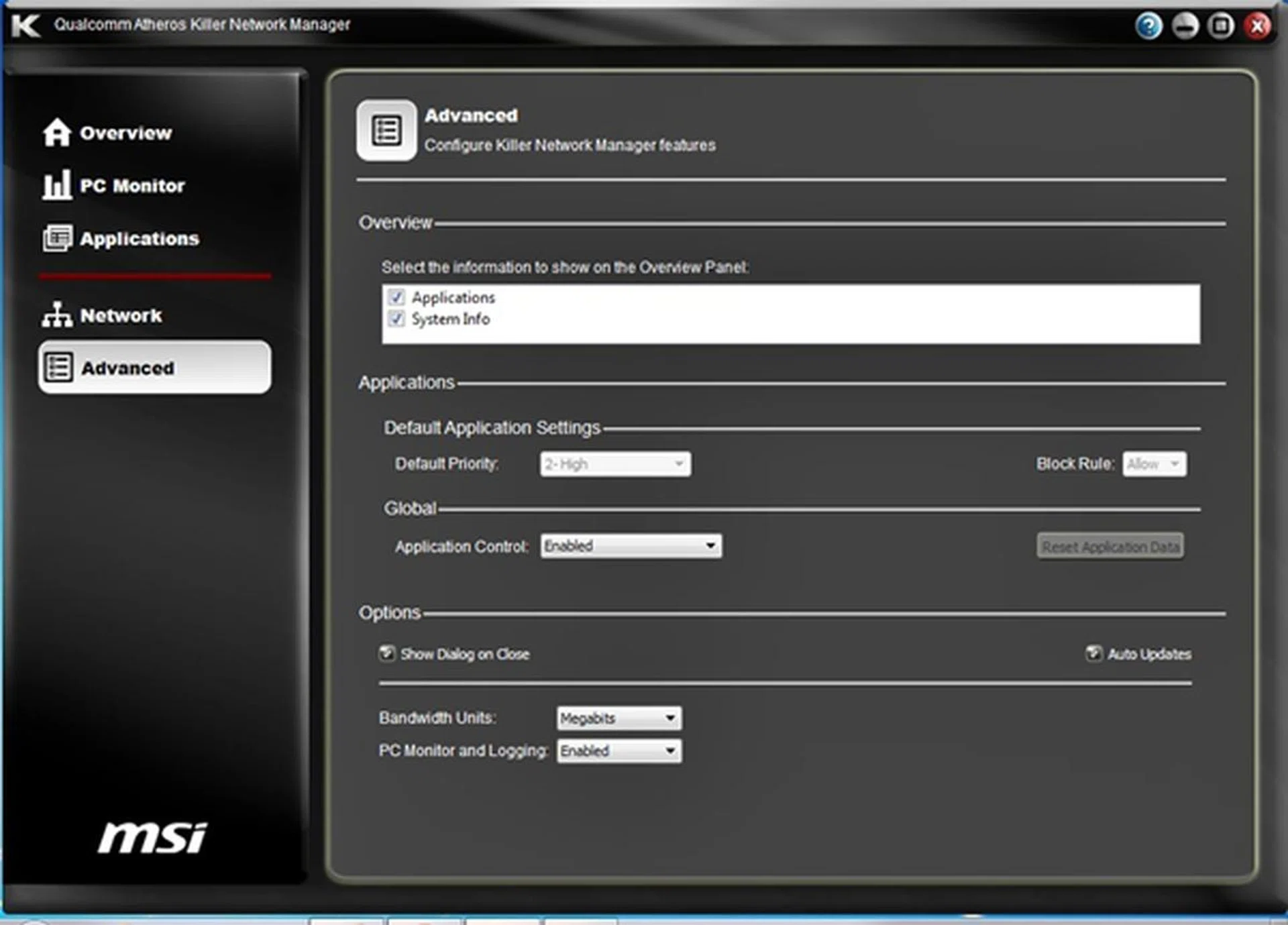 The Advanced tab of the Killer Network Management application and its network traffic prioritization options.