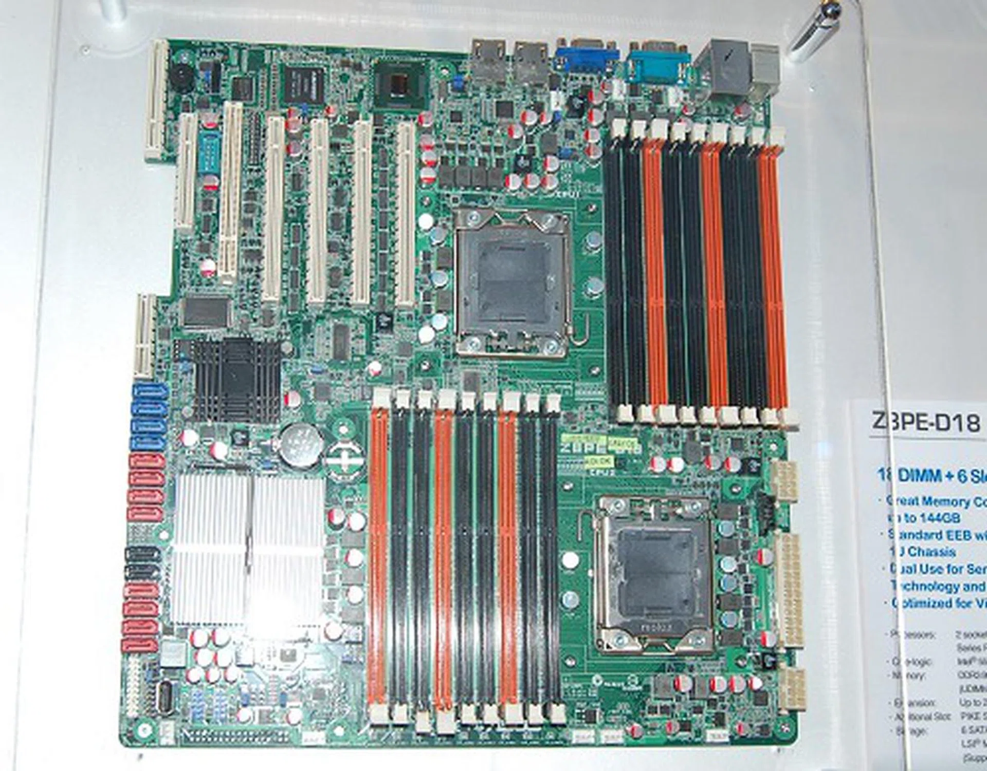  For extreme memory configurations, this ASUS Z8PE-D18 uses the Intel 5520 chipset for up to 18 DIMM slots configuration that supports up to 144GB of registered memory! The board is also optimized for virtualization with VMDq supported.  