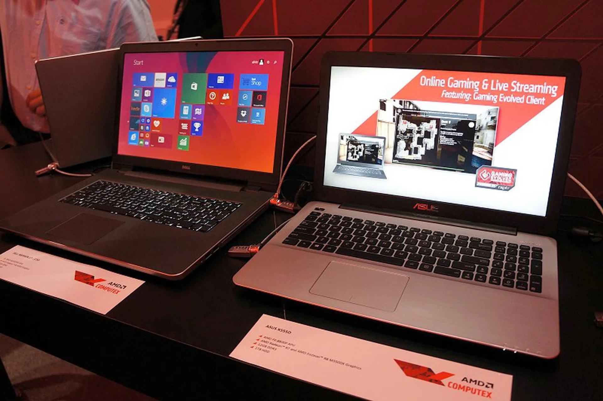 On the left is the Dell Inspiron 17-5755, 17-inch gaming notebook which uses the A10-8700P APU and alongside with the recently announced 300-series discrete mobile GPU series - a Radeon R8 M350 graphics. With DirectX 12 and Windows 10 around the corner, there's more use cases for the combined GPU horsepower form the discrete part and the APU. Complementing it are 8GB DDR3 and 1TB HDD. Over on the right is an ASUS 15-inch, X555D notebook boasting a speedier FX-8800P APU and a Radeon R8 M350DX graphics. It also has more memory at 12GB and a 1TB HDD.