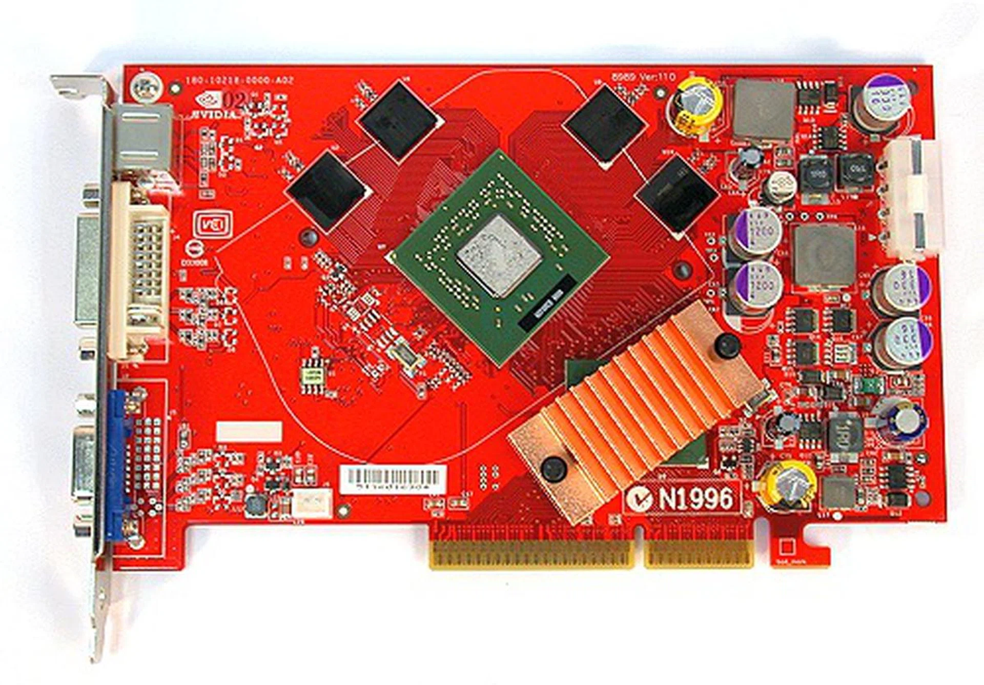 Here's how the card looks like without the huge cooler module. Four graphics memory ICs total a 128MB DDR3 frame buffer for the card.