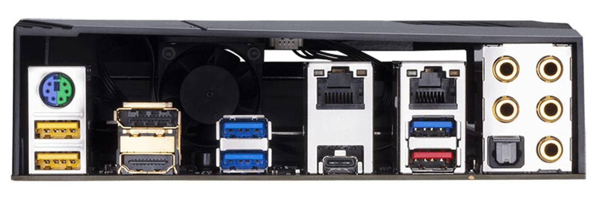 The Gaming 7 features a small fan underneath the I/O cover. (Image Source: Gigabyte)