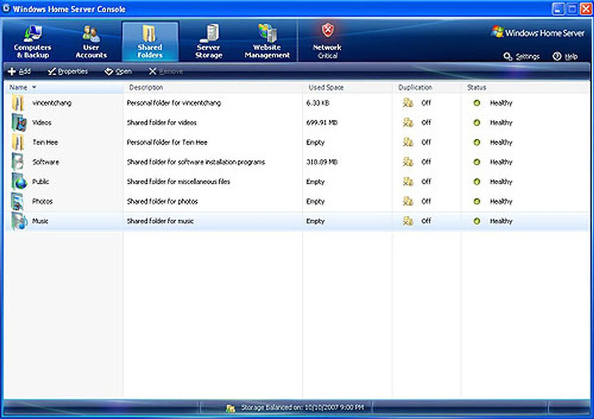 (Click to enlarge.) Here is where users can share their files, with certain existing folders created by default, like Pictures, Videos and Music. Generally, all users have at least read access to these folders but changing this is easily done from this page. Each individual user also has his or her own folder, which is set by default to be private. If the home server machine has more than one hard drive, folder duplication can be enabled, as an additional form of failsafe, in case one of the drives go wonky. 