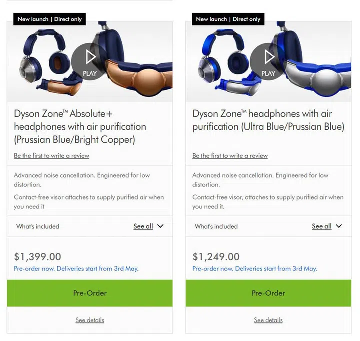 Screenshot of pre-order prices from dyson.com.sg